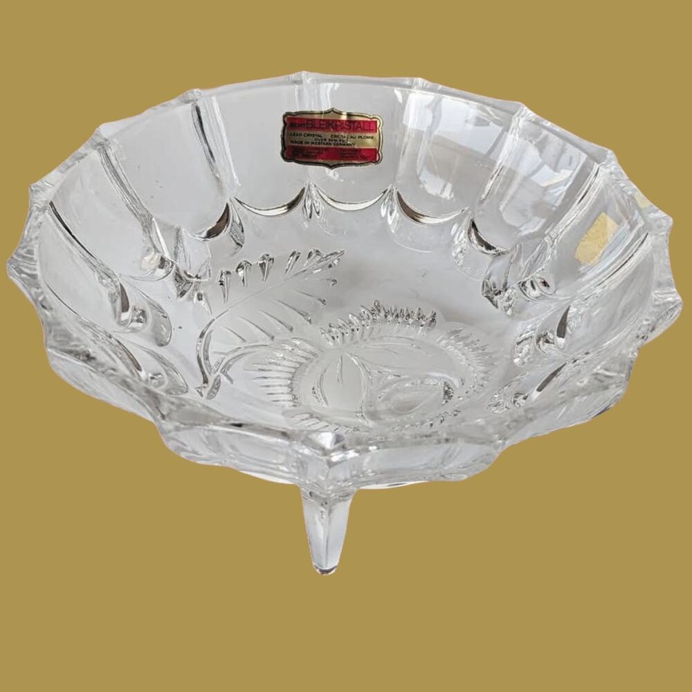Vintage Crystal Footed Bowl With Etched Rose Motif by Bleikristall Germany